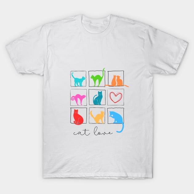 Nine colorful cats in square frame and one heart T-Shirt by Artpassion